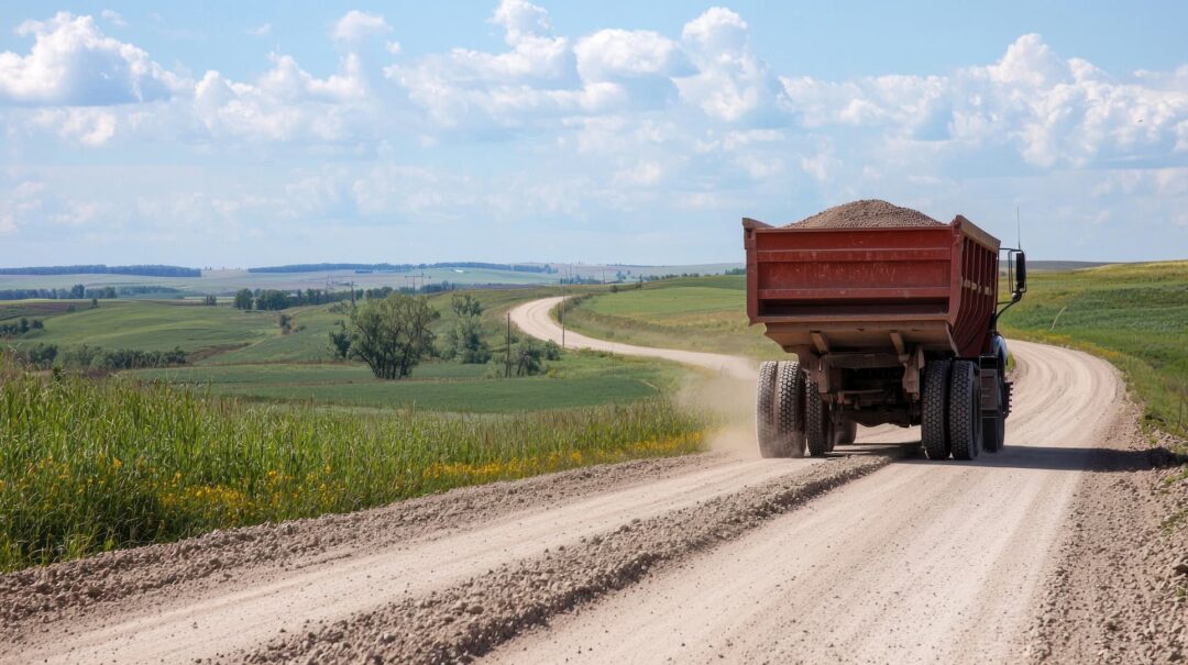 Haulage truck transporting gravel on dirt road